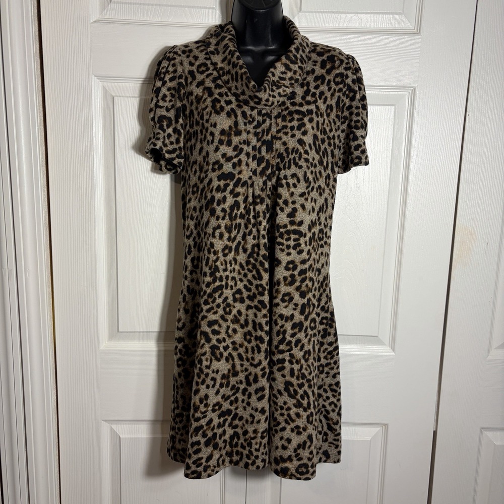 Eliza J Leopard  Animal‎ Print Cowl Neck Dress Women M Brown Short Sleeve Knit